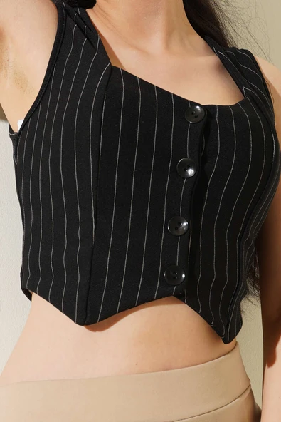 İnce Çizgili Kısa Yelek Siyah - Resim 4