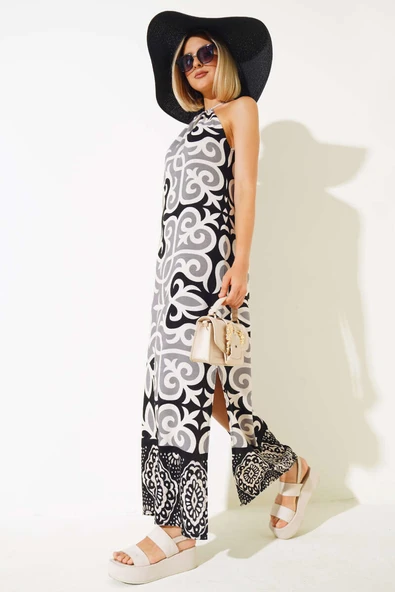 Etnik Desenli İp Askılı Elbise Siyah ürün görseli 1