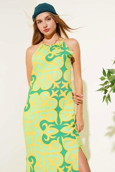 Etnik Desenli İp Askılı Elbise Yeşil - Resim 2