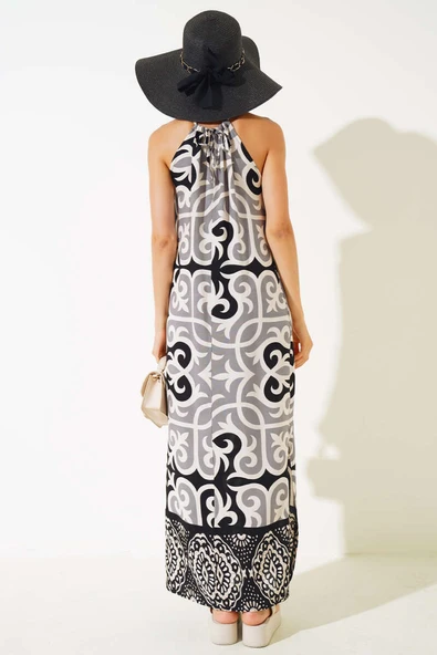 Etnik Desenli İp Askılı Elbise Siyah - Resim 3