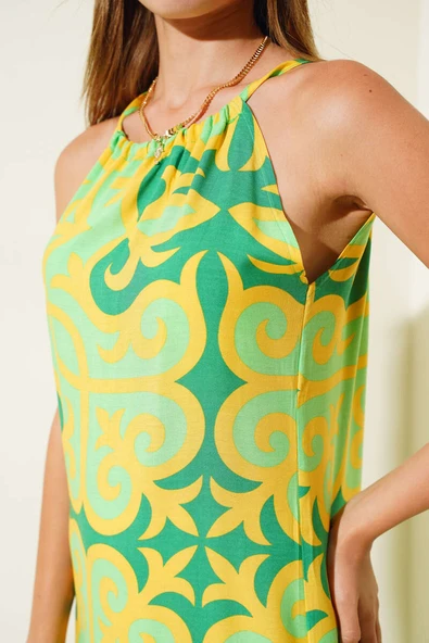 Etnik Desenli İp Askılı Elbise Yeşil - Resim 4