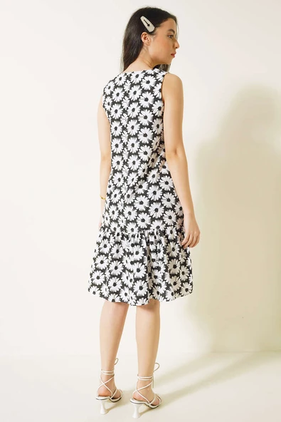 Papatya Desenli Sıfır Kol Elbise Siyah - Resim 3