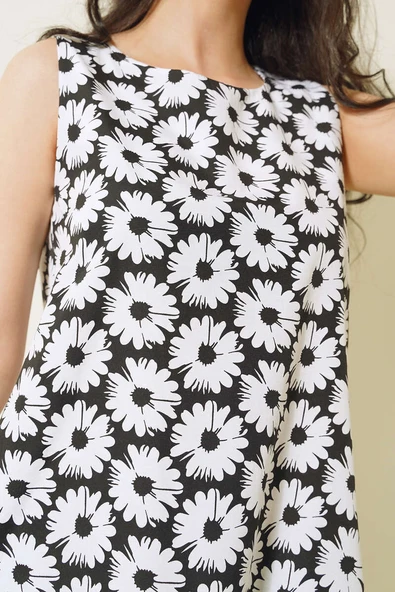 Papatya Desenli Sıfır Kol Elbise Siyah - Resim 4