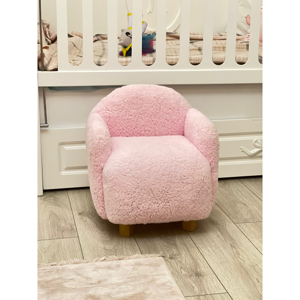 Pembe Teddy Kumaşlı Ahşap Ayaklı Çocuk Bebek Koltuğu Sandalyesi