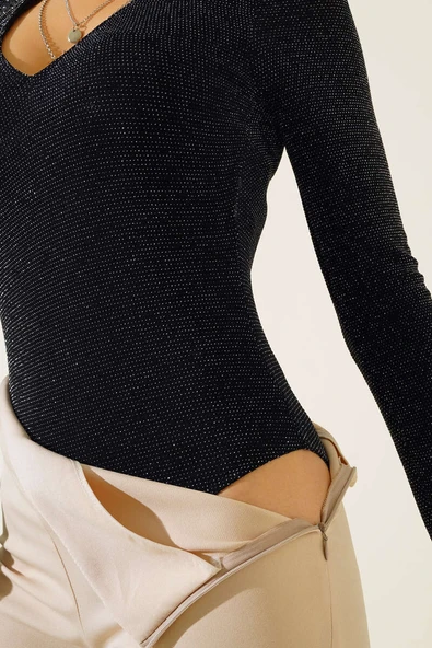 Çıtçıtlı Simli Body Siyah - Resim 4
