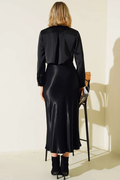 Saten Kısa Gömlek Siyah - 3