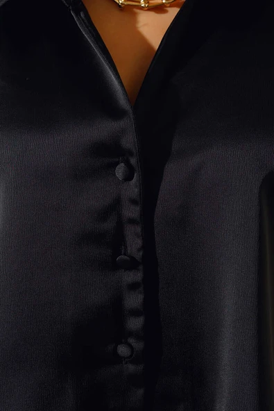 Saten Kısa Gömlek Siyah - 4