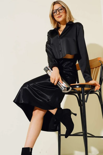 Saten Kısa Gömlek Siyah