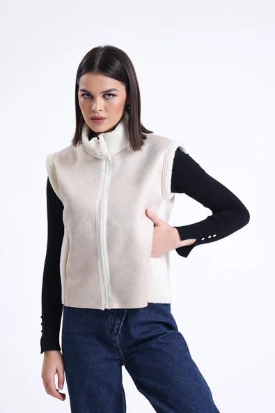 Kadın Fermuarlı, İçi & Yakası Kürklü Yelek - 11