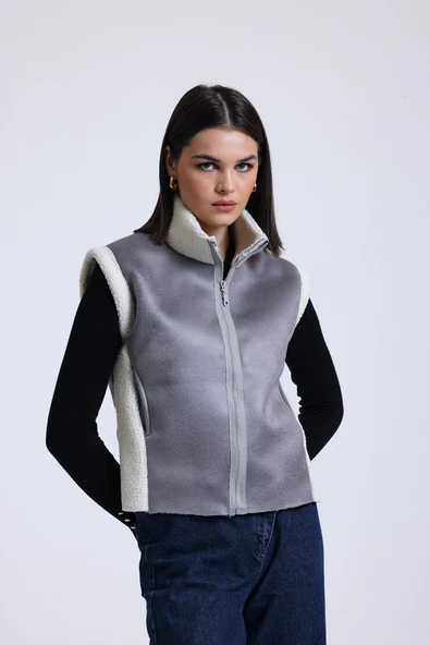 Kadın Fermuarlı, İçi & Yakası Kürklü Yelek - 4