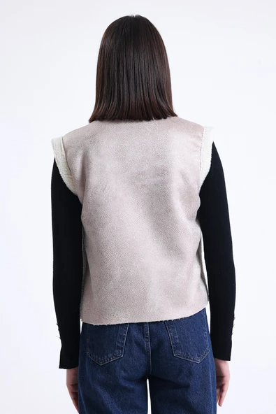 Kadın Fermuarlı, İçi & Yakası Kürklü Yelek - 12