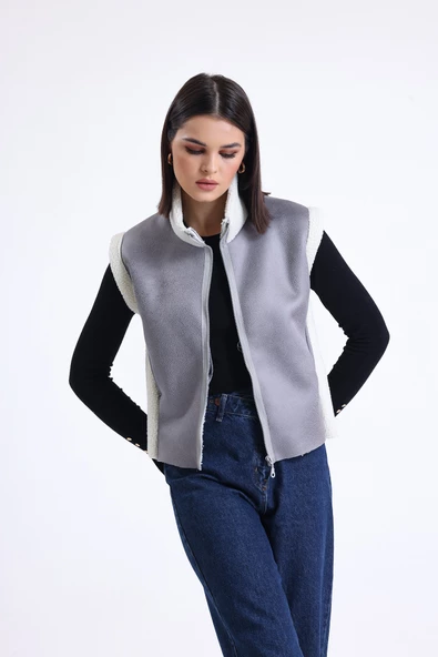 Kadın Fermuarlı, İçi & Yakası Kürklü Yelek - 2