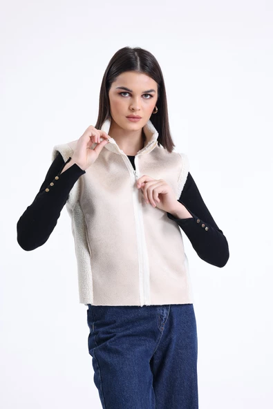 Kadın Fermuarlı, İçi & Yakası Kürklü Yelek - 7