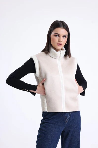 Kadın Fermuarlı, İçi & Yakası Kürklü Yelek - 8
