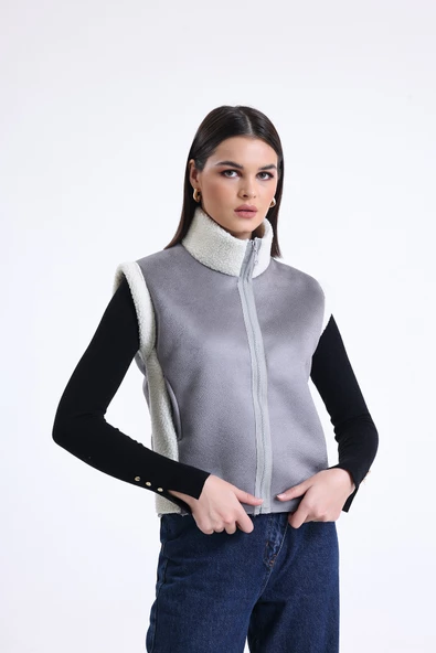 Kadın Fermuarlı, İçi & Yakası Kürklü Yelek - 6