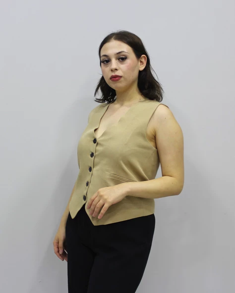 Düğmeli Cep Detaylı Keten Klasik Yelek - 5