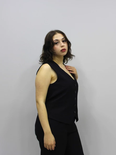 Düğmeli Cep Detaylı Keten Klasik Yelek - 2