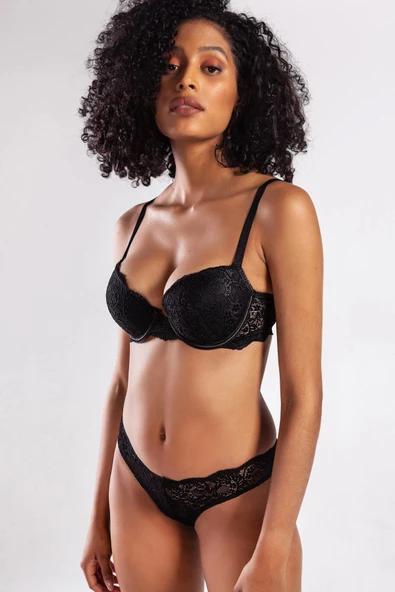 GCOLORS A Plus Siyah Dantelli Dolgulu Balconette Push Up Sütyen - 4