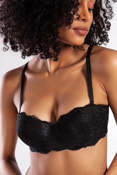 GCOLORS A Plus Siyah Dantelli Destekli Push Up Strapless Sütyen