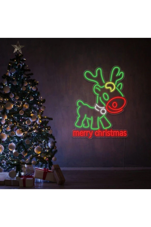 Geyik Figürlü Merry Christmas Yılbaşı Neon Tabela
