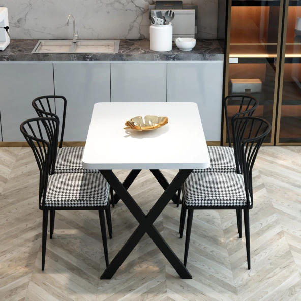 Yemek Masası Takımı X Ayaklı Yemek Masası 70x110 + 4 Adet Sandalye - Beyaz