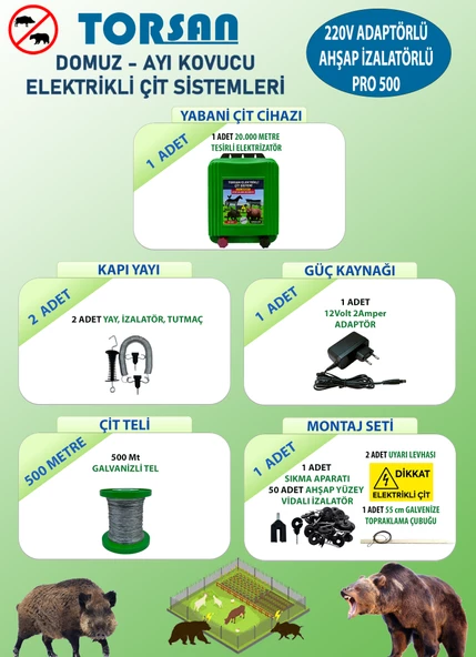 TORSAN 220V ADAPTÖRLÜ PRO 500 Elektrikli Çit Sistemi ( Domuz - Ayı Kovucu ) 500MT