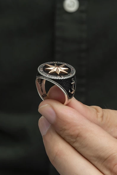 Pusula Desenli Çapa Gemici 925 Gümüş Alyans Yüzük - Resim 9