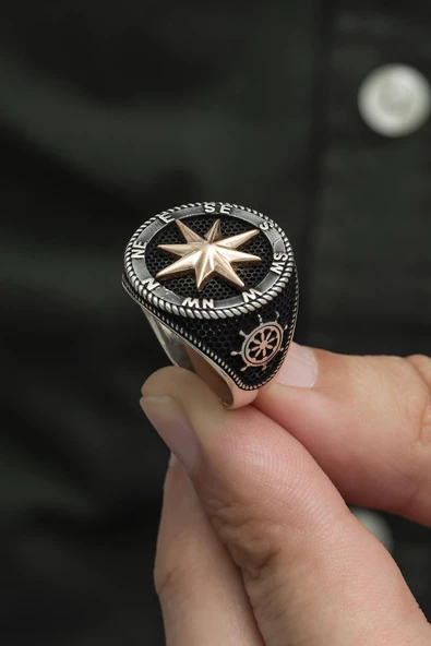 Pusula Desenli Çapa Gemici 925 Gümüş Alyans Yüzük - Resim 2