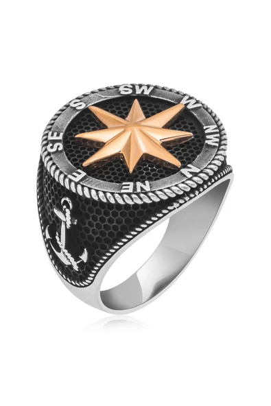 Pusula Desenli Çapa Gemici 925 Gümüş Alyans Yüzük - Resim 3