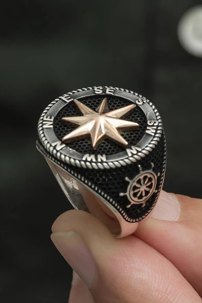 Pusula Desenli Çapa Gemici 925 Gümüş Alyans Yüzük - Resim 8