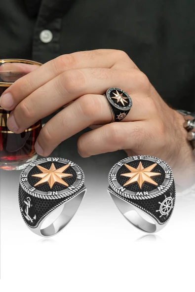 Pusula Desenli Çapa Gemici 925 Gümüş Alyans Yüzük - Resim 7