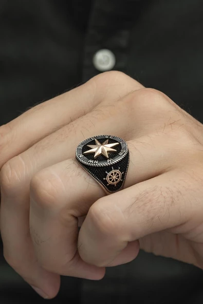 Pusula Desenli Çapa Gemici 925 Gümüş Alyans Yüzük - Resim 6