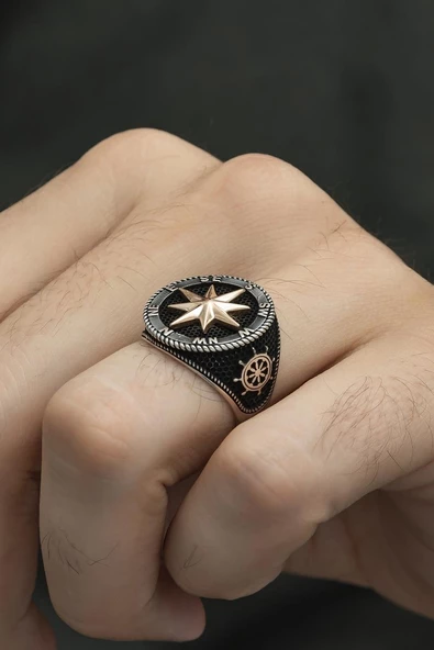 Pusula Desenli Çapa Gemici 925 Gümüş Alyans Yüzük ürün görseli