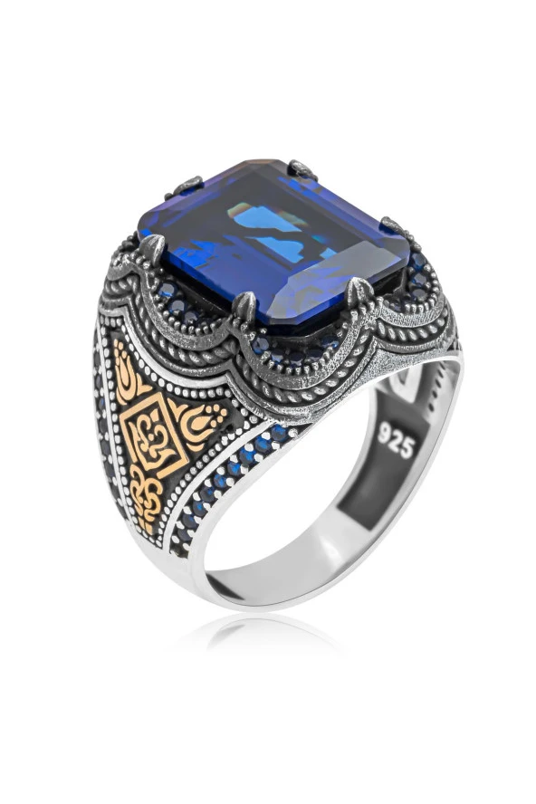 Kare Parlament Mavisi Taşlı 925 Gümüş Erkek Yüzük - Resim 2