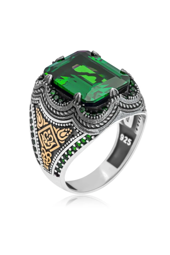 Kare Yeşil Taşlı 925 Gümüş Erkek Yüzük - Resim 2