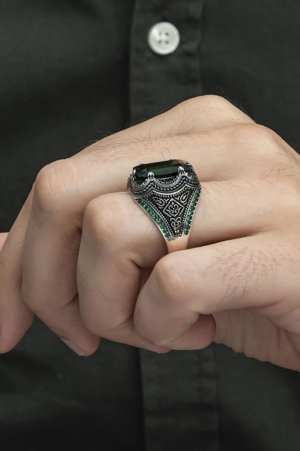 Kare Yeşil Taşlı 925 Gümüş Erkek Yüzük - Resim 4