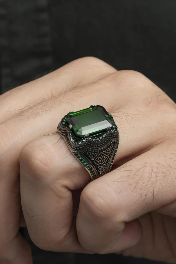 Kare Yeşil Taşlı 925 Gümüş Erkek Yüzük - Resim 5