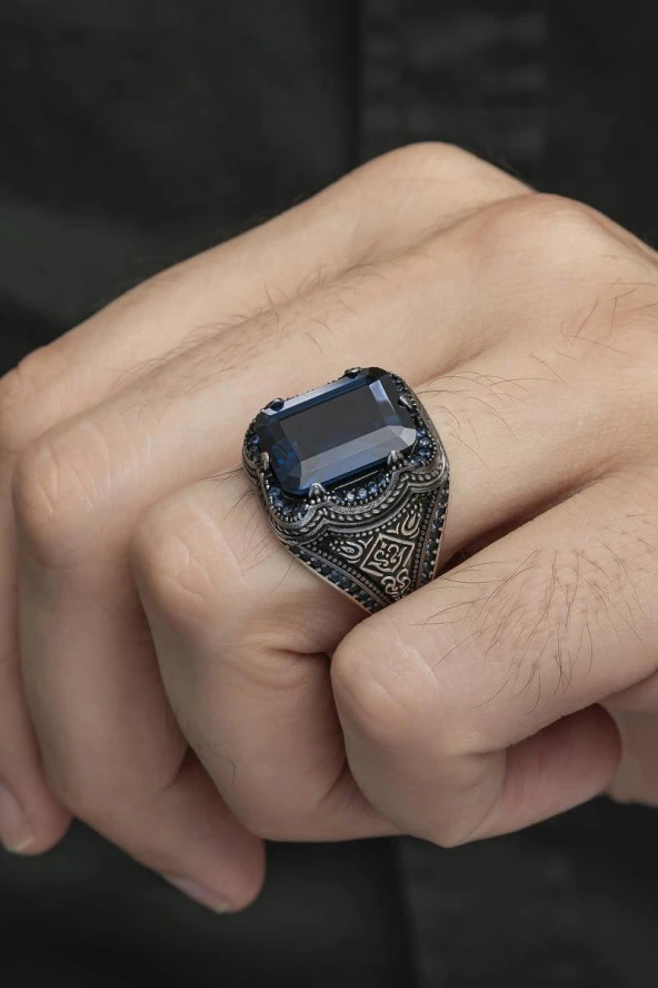 Kare Parlament Mavisi Taşlı 925 Gümüş Erkek Yüzük ürün görseli