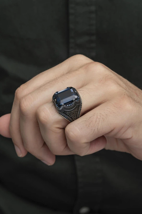 Kare Parlament Mavisi Taşlı 925 Gümüş Erkek Yüzük - Resim 3
