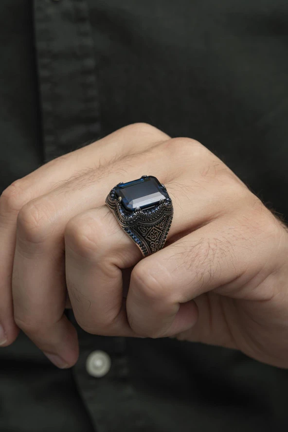 Kare Parlament Mavisi Taşlı 925 Gümüş Erkek Yüzük - Resim 4