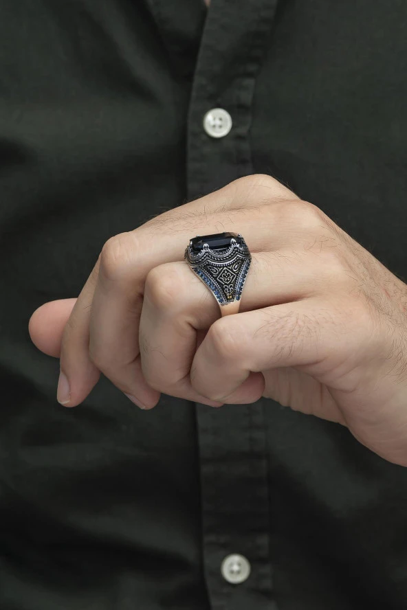 Kare Parlament Mavisi Taşlı 925 Gümüş Erkek Yüzük - Resim 5