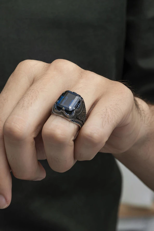 Kare Parlament Mavisi Taşlı 925 Gümüş Erkek Yüzük - Resim 6