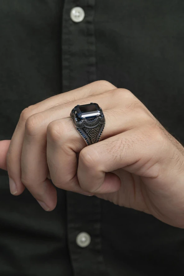 Kare Parlament Mavisi Taşlı 925 Gümüş Erkek Yüzük - Resim 8