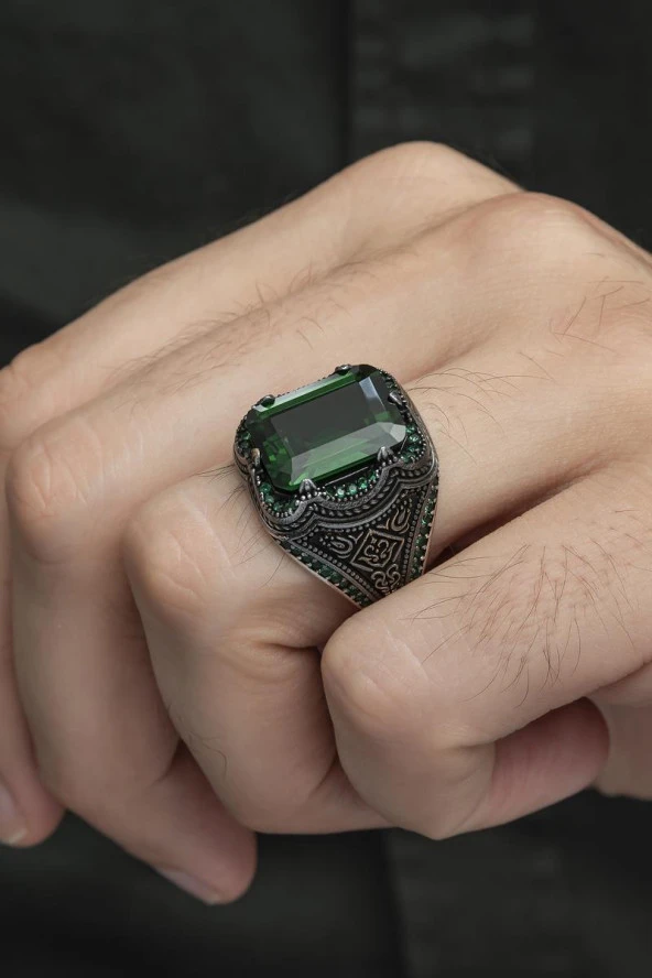 Kare Yeşil Taşlı 925 Gümüş Erkek Yüzük - Resim 3