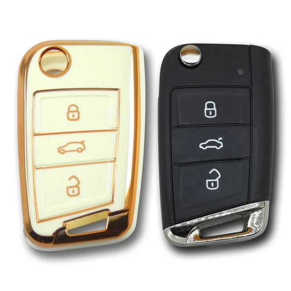 Volkswagen Seat Skoda MQB Sustalı Beyaz Oto Anahtar Kumanda Kabı Kılıfı Oto Anahtarlık - Resim 2