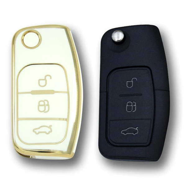 Ford Focus Fiesta Connect 2004+ Sustalı Beyaz Oto Anahtar Kumanda Kabı Kılıfı Oto Anahtarlık - 2