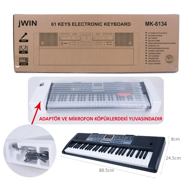 Jwin MK-6134 61 Tuşlu Elektronik Org (Mikrofon ve Adaptör Hediye) - 2