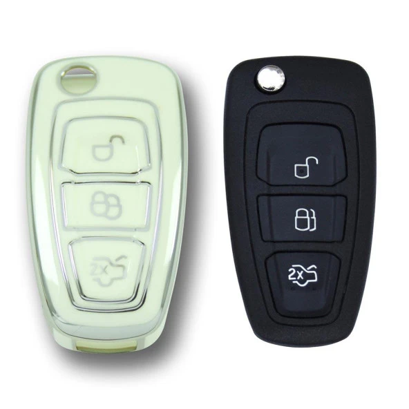 Ford Focus Mondeo 2010+ Sustalı Beyaz-Gümüş Oto Anahtar Kumanda Kabı Kılıf Oto Anahtarlık - 2