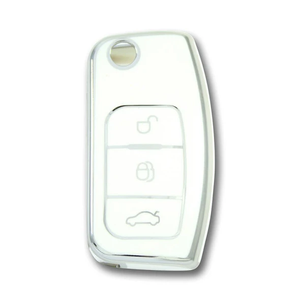 Ford Focus Fiesta Connect 2004+ Sustalı Beyaz-Gümüş Oto Anahtar Kumanda Kabı Kılıfı Oto Anahtarlık
