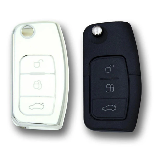 Ford Focus Fiesta Connect 2004+ Sustalı Beyaz-Gümüş Oto Anahtar Kumanda Kabı Kılıfı Oto Anahtarlık - 2